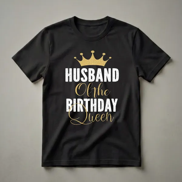 Black t-shirt with distressed white text that reads "HUSBAND" and gold script text that reads "Of the Birthday Queen," topped with a gold crown graphic.