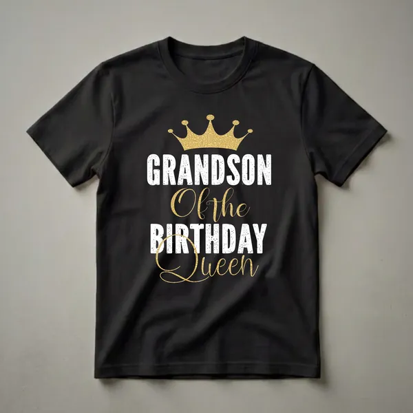 Black t-shirt with white distressed lettering that reads "GRANDSON Of the BIRTHDAY Queen" and a golden crown graphic above.