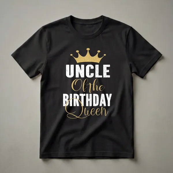 Black t-shirt with a gold crown graphic and distressed white and gold text that reads 'UNCLE Of the BIRTHDAY QUEEN'.