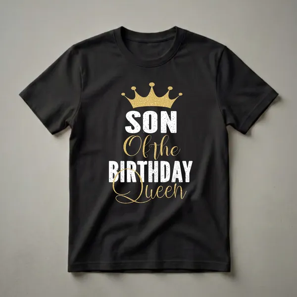 Black t-shirt with distressed white text reading 'SON OF THE BIRTHDAY Queen' and a textured gold crown above.