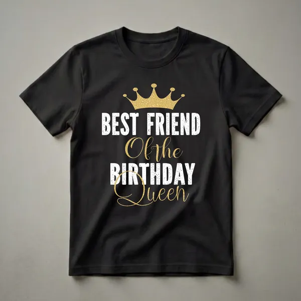 Black graphic t-shirt with distressed white text reading 'BEST FRIEND Of the BIRTHDAY Queen' and a textured gold crown above.