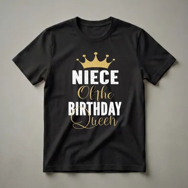 Black graphic t-shirt with a gold crown and white and gold text reading 'Niece Of the Birthday Queen'.