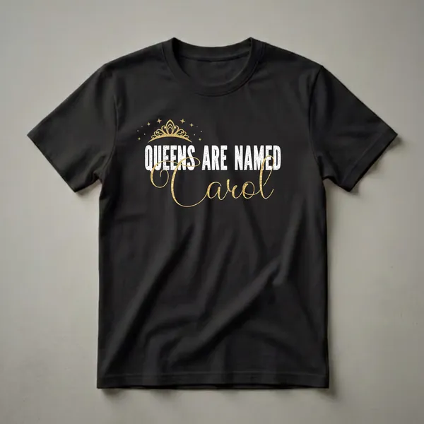 Black t-shirt with white distressed text 'QUEENS ARE NAMED' and gold script text 'Carol', topped with a golden crown and scattered stars.