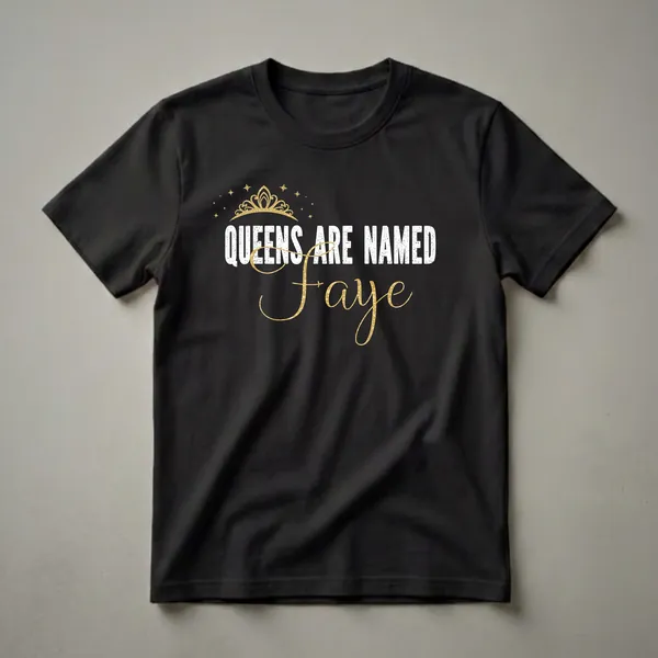 Black t-shirt with white distressed text 'QUEENS ARE NAMED' and a gold script name 'Faye', adorned with a gold crown and stars.