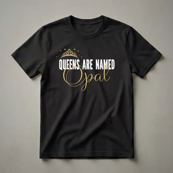 Black t-shirt with white distressed text 'QUEENS ARE NAMED' and a gold script name 'Opal', topped with a gold crown and stars.