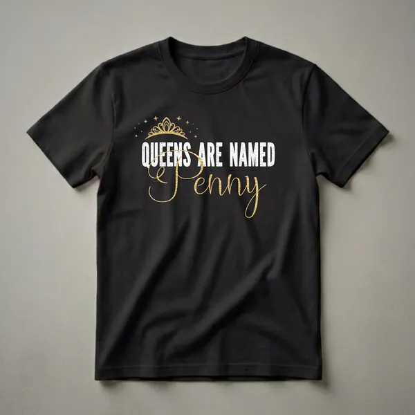 Black t-shirt with white distressed text 'QUEENS ARE NAMED' and gold script text 'Penny', topped with a gold crown and surrounded by gold stars.