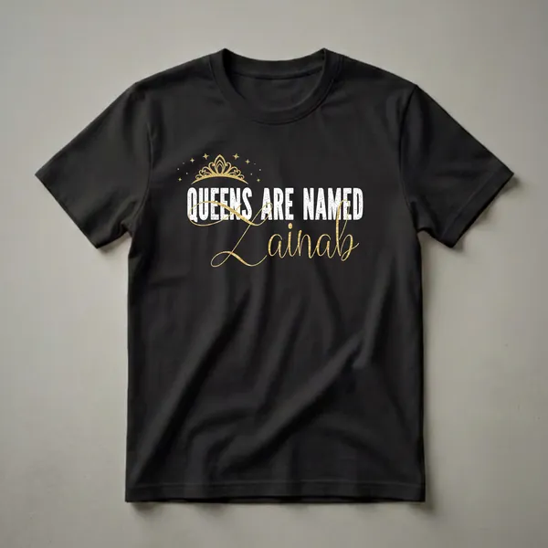 Black t-shirt with distressed white text 'QUEENS ARE NAMED' and gold script text 'Zainab', topped with a golden crown and stars.