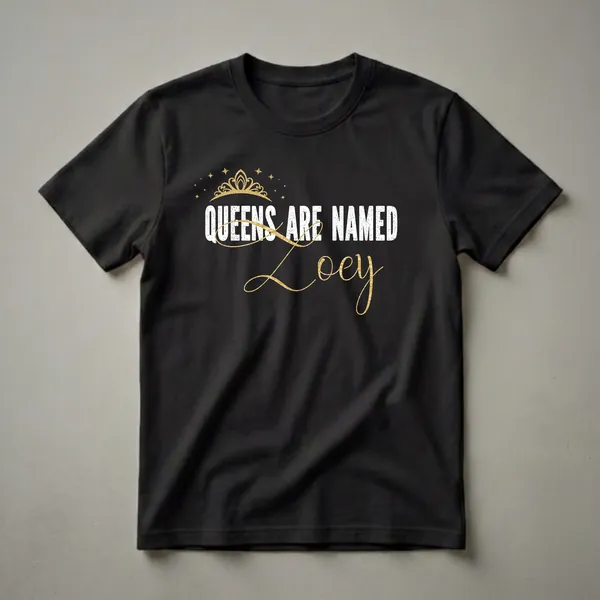 Black t-shirt with white distressed text 'QUEENS ARE NAMED' and shimmering gold script 'Zoey', topped with a golden crown and stars.