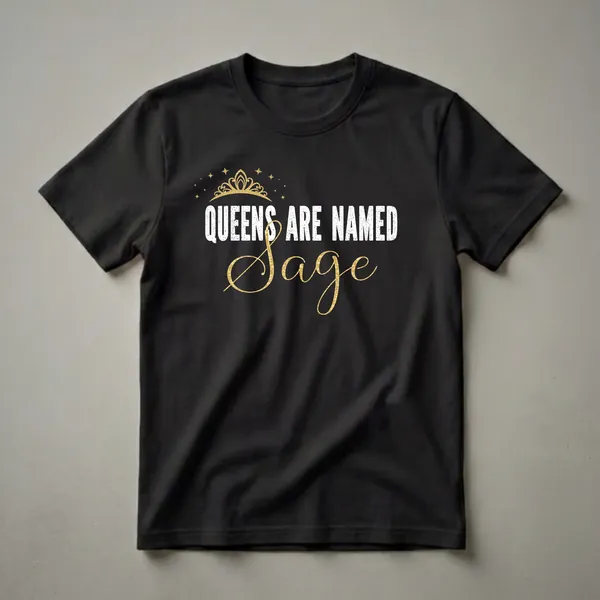 Black t-shirt with a gold crown and stars above distressed white text 'QUEENS ARE NAMED' and a flowing gold script name 'Sage'.