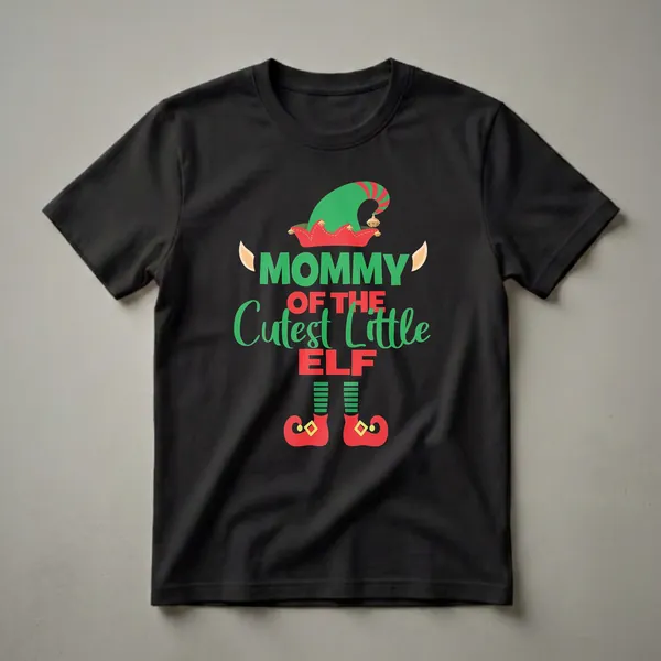 Black t-shirt with green and red text that reads 'Mommy Of The Cutest Little Elf' in a festive elf design with bells, ears, striped legs, and elf shoes.