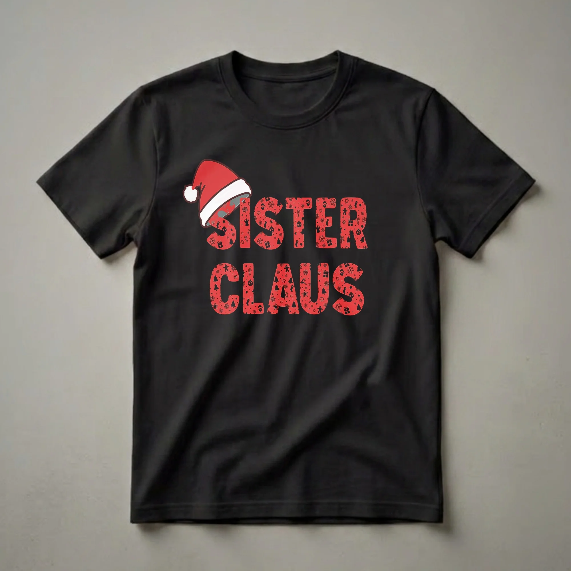 Red 'Sister Claus' text filled with black Christmas icons like snowflakes, gingerbread men, and gift boxes, with a Santa hat above the word 'Sister'.