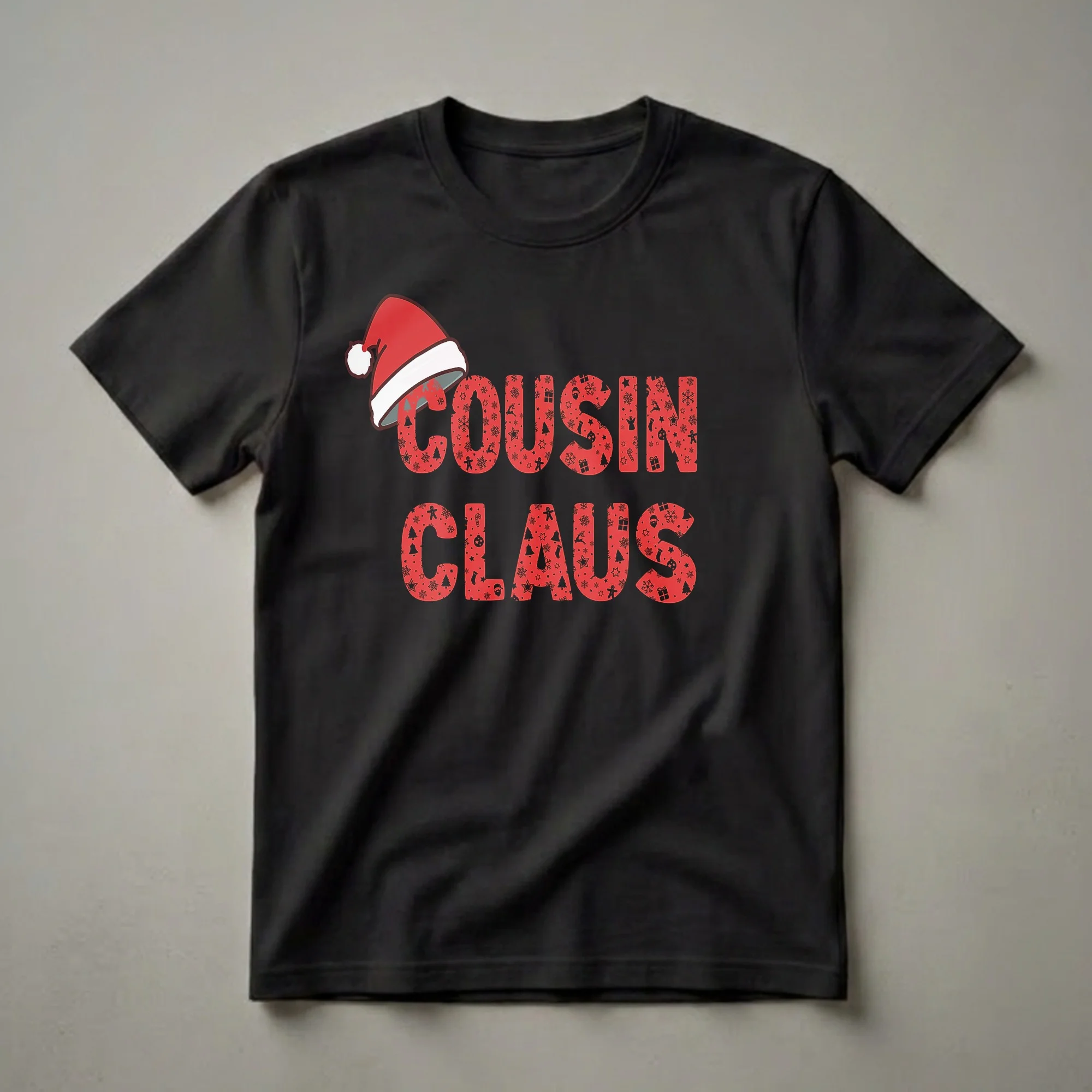 Red graphic t-shirt with black Christmas icons and the words "Cousin Claus" in bold lettering, topped with a Santa hat.