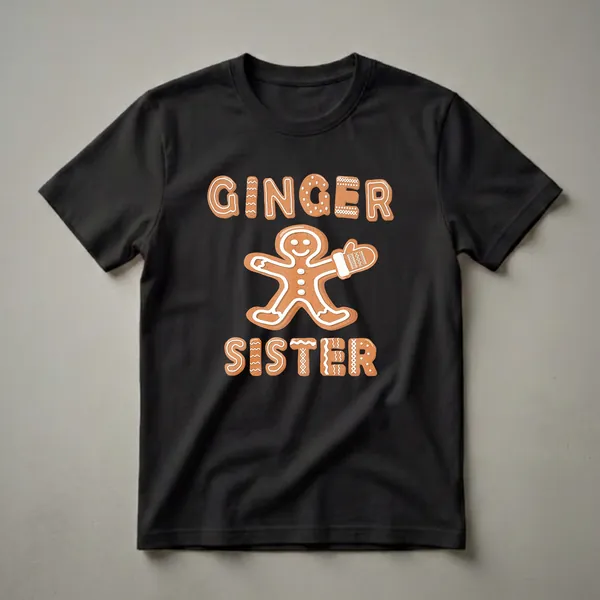 Black t-shirt with "GINGER SISTER" written in gingerbread cookie style font, featuring a gingerbread person with a mitten in the center.