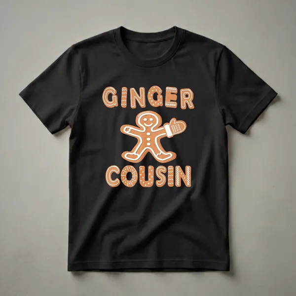 Black t-shirt with 'GINGER COUSIN' in gingerbread lettering and a gingerbread man graphic wearing a mitten.