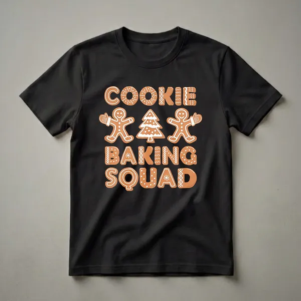 Black t-shirt with gingerbread-style lettering that reads 'COOKIE BAKING SQUAD', featuring gingerbread men and a Christmas tree graphic.