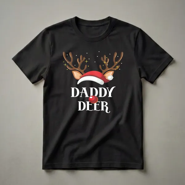 Black t-shirt with a 'Daddy Deer' graphic featuring reindeer antlers, a Santa hat, and a red nose, designed for family Christmas matching.