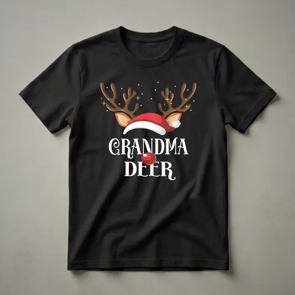 Black t-shirt with a graphic design of brown reindeer antlers, a red Santa hat, and the words "GRANDMA DEER" in white, with small white dots and yellow sparkles.