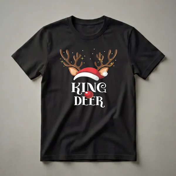 Black t-shirt with a graphic featuring brown reindeer antlers, a red Santa hat, and white text that reads 'KING DEER' with a red nose.