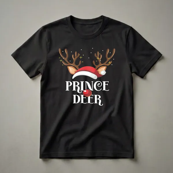 Black t-shirt with a graphic design of brown reindeer antlers, a red Santa hat, and the words 'PRINCE DEER' in white.