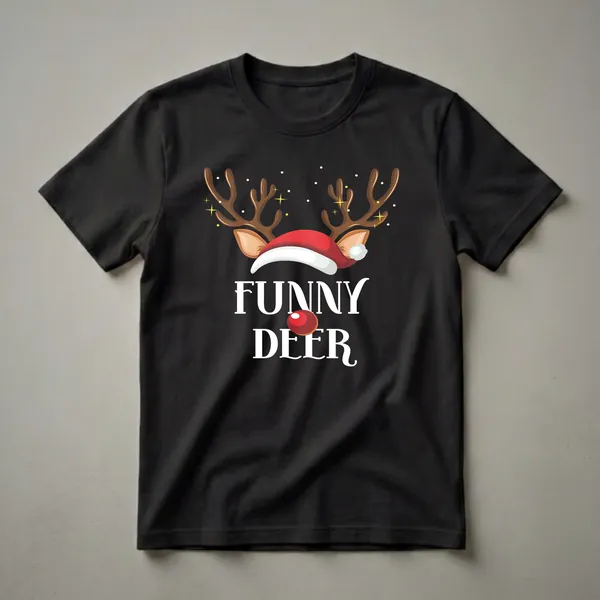 Black t-shirt featuring a graphic of brown reindeer antlers with sparkles, a red Santa hat, and the white text 'FUNNY DEER' with a red reindeer nose.