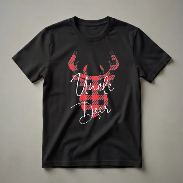 Red and black buffalo plaid deer graphic with white 'Uncle Deer' text on a black shirt.