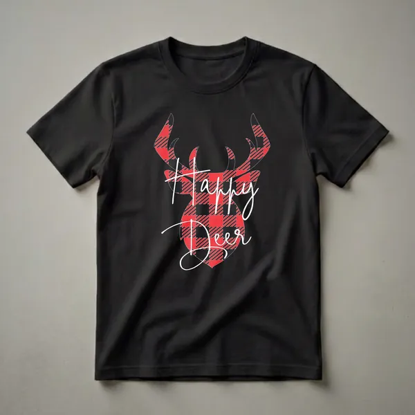 Black t-shirt with a graphic of a deer head and antlers filled with red and black buffalo plaid pattern, with white cursive text 'Happy Deer'.