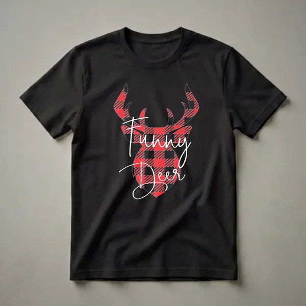 Black t-shirt with a graphic of a deer head filled with red and black buffalo plaid pattern and white cursive text that reads 'Funny Deer'.