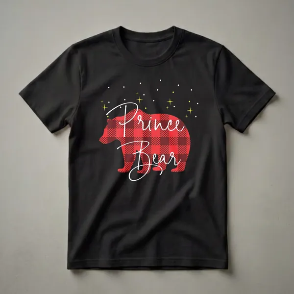 Black t-shirt with a red and black buffalo plaid bear silhouette that reads 'Prince Bear' in white cursive text, set against a black background with yellow stars and white dots.