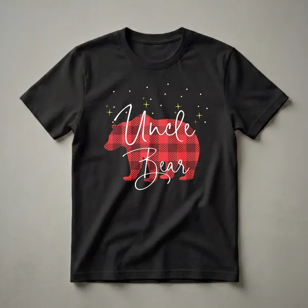 Black t-shirt with a red and black buffalo plaid bear silhouette and white cursive text 'Uncle Bear', with yellow stars and white dots on a black background.