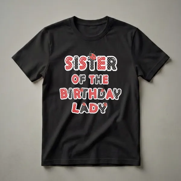 Black t-shirt with bold red and black polka dot text that reads 'Sister Of The Birthday Lady', decorated with ladybug graphics.