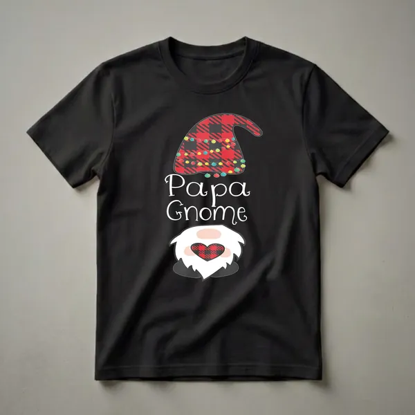 Black t-shirt featuring a "Papa Gnome" graphic with a red and black buffalo plaid hat decorated with colorful Christmas lights, and a matching plaid heart on the gnome's beard.