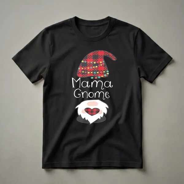 Black t-shirt featuring a "Mama Gnome" graphic with a red and black buffalo plaid hat decorated with colorful Christmas lights and a matching plaid heart.