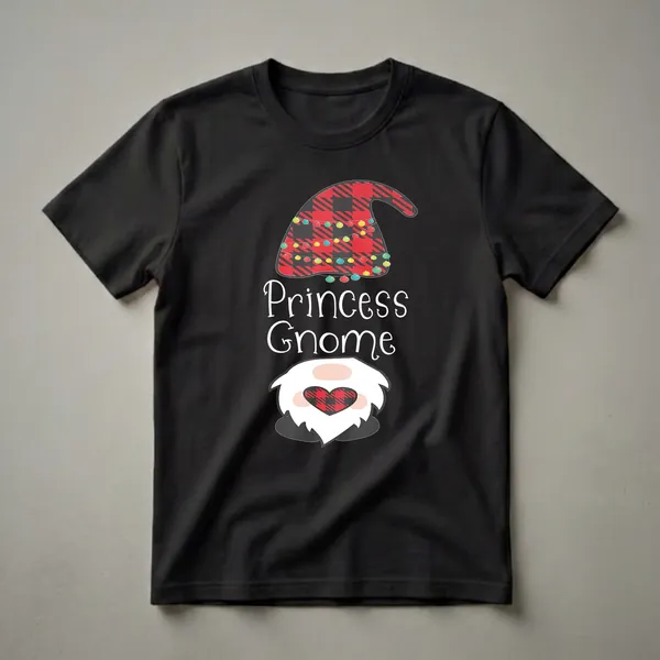 A black t-shirt featuring a cartoon Princess Gnome with a red and black buffalo plaid hat decorated with Christmas lights and a matching plaid heart.