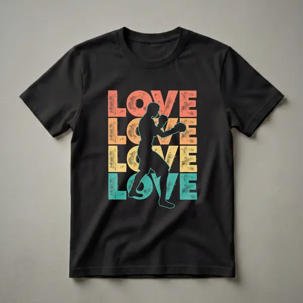 Black t-shirt with a retro graphic featuring stacked 'LOVE' text in coral, orange, yellow, and teal, with a black silhouette of a boxer in fighting stance outlined in teal.
