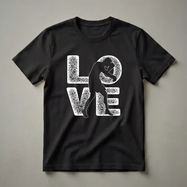 White distressed 'LOVE' text with a black silhouette of a boxer in the 'O', on a black t-shirt.