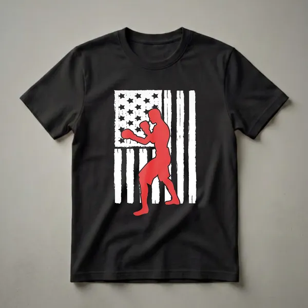 Black t-shirt with a distressed American flag design and a red silhouette of a boxer in a fighting stance.