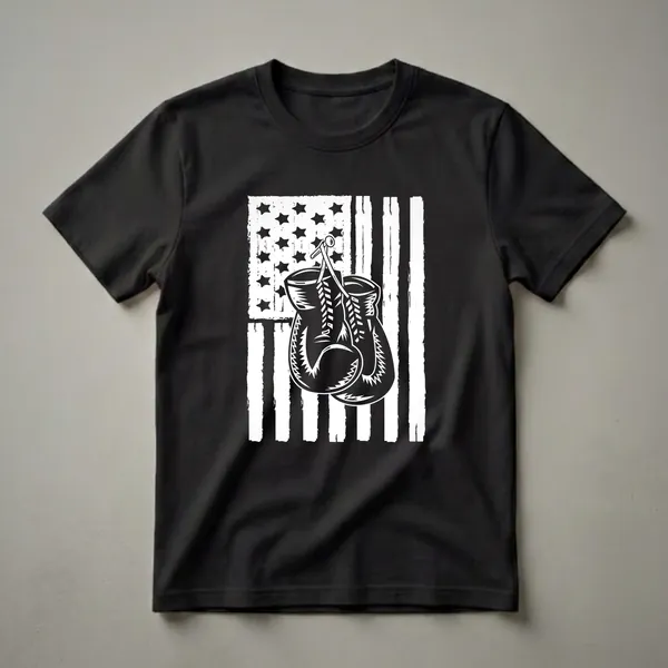 Black graphic t-shirt featuring white boxing gloves hanging in front of a distressed white and black American flag.