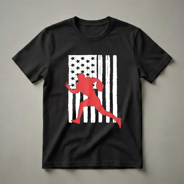 Red silhouette of an American football player running with a ball, superimposed on a distressed American flag with black stars and white stripes.