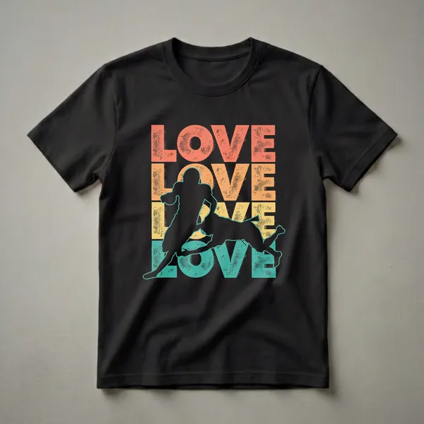 Black t-shirt with a retro graphic design featuring the word LOVE stacked in coral, yellow, and teal, with silhouettes of two football players tackling.