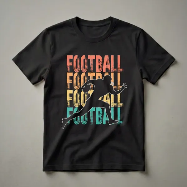 Black graphic t-shirt featuring a silhouette of an American football player in motion, with repeating 'FOOTBALL' text in retro orange, yellow, and teal.