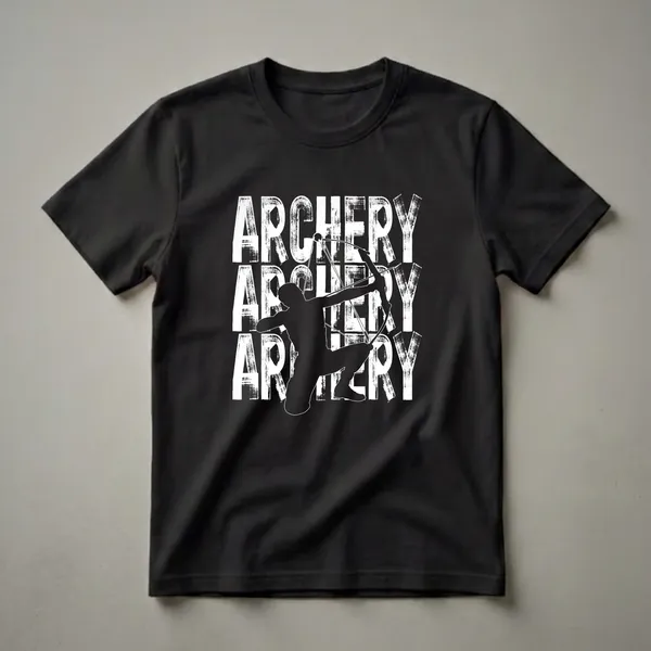 Black t-shirt with a white distressed 'ARCHERY' text design and a black silhouette of an archer drawing a bow in the center.