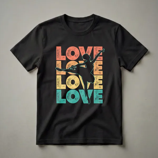Black t-shirt featuring a silhouette of a ballerina in a dynamic pose against stacked, distressed text that spells 'LOVE' in coral, orange, yellow, and teal.