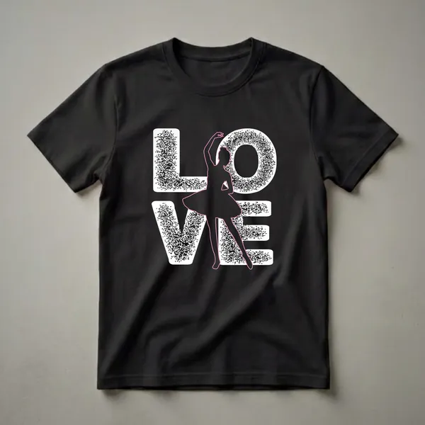 Black graphic t-shirt featuring the word 'LOVE' in distressed white font with a black ballerina silhouette in a pink tutu in the center.