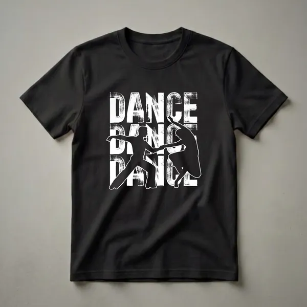 Black t-shirt with white distressed 'DANCE' text and a black silhouette of a couple dancing ballroom.