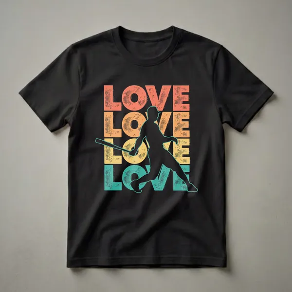 Black t-shirt with a retro graphic design featuring the word 'LOVE' in stacked coral, orange, yellow, and teal blocks, with a black silhouette of a baseball player swinging a bat in the center.