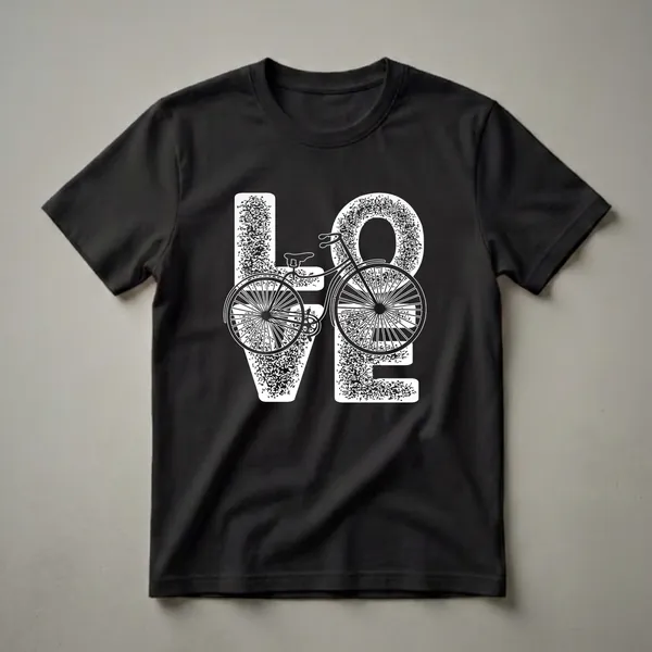 Black t-shirt with a white graphic design that spells out 'LOVE' with a vintage bicycle integrated into the word, featuring distressed textures.