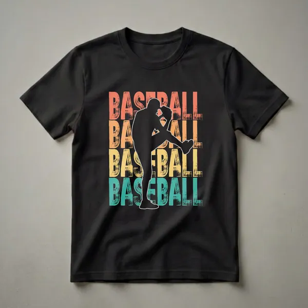Black graphic t-shirt featuring a retro design with a baseball pitcher silhouette and repeating 'BASEBALL' text in orange, yellow, and teal.