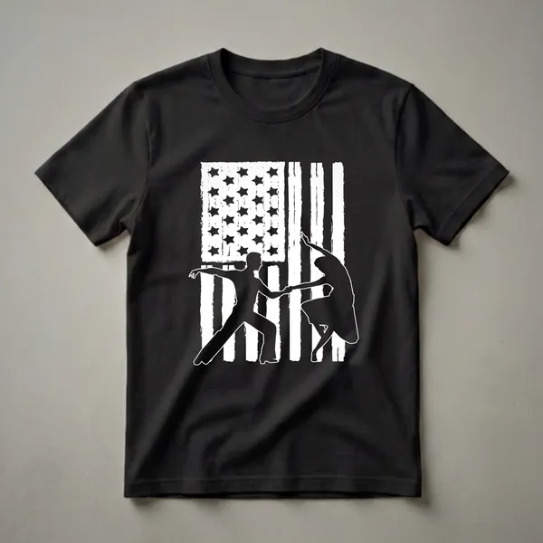 Black t-shirt with a distressed white and black American flag graphic featuring the silhouettes of a male and female ballroom dancer holding hands.