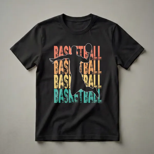 Black graphic t-shirt featuring a silhouette of a basketball player mid-jump, with the word 'BASKETBALL' repeated in distressed coral, yellow, and teal retro lettering.