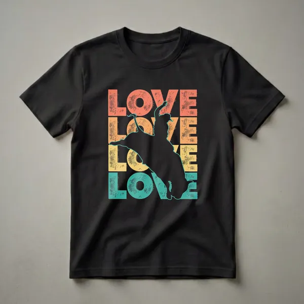Black graphic t-shirt featuring the word 'LOVE' in retro colors with a silhouette of a bull rider on a bucking bull in the center.